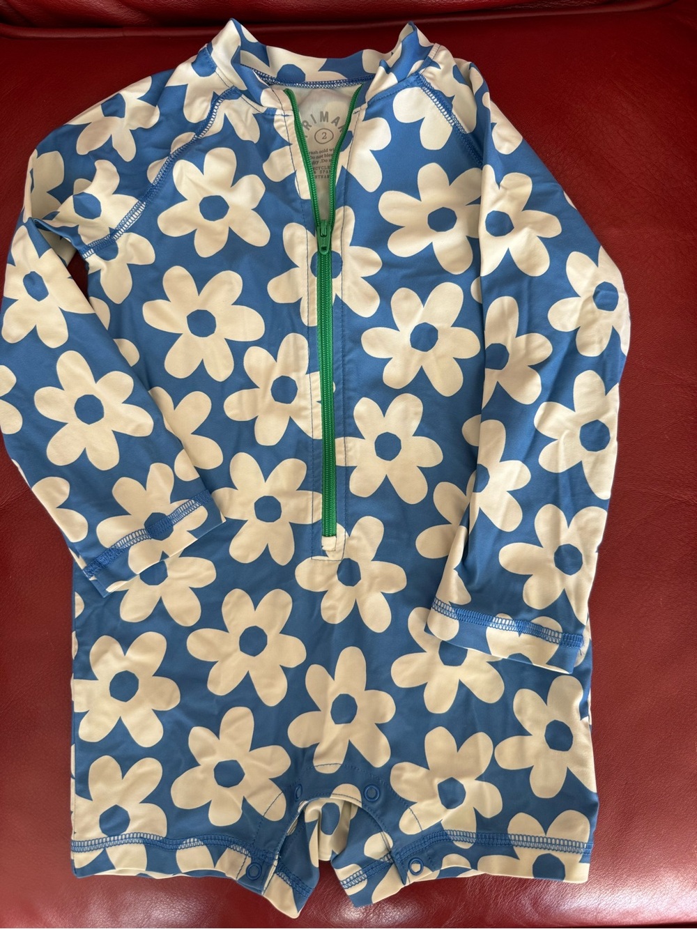 Primary Blue White Floral Kids Rash Guard Swimsuit - 2T